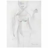 Rufino Tamayo, Mujer con máscara, Lápiz de grafito y conté sobre papel