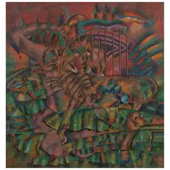 Mujer y perro aullando al cometa by Luis Zárate, Óleo sobre tela, offered May 2024