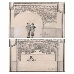 Juan O'Gormann, Bocetos para pintura decorativa en el Hotel Bellavista, Lápiz de grafito y tinta sobre papel