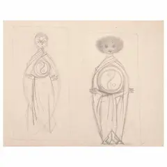 Remedios Varo, Dos personajes Yin Yang, ca. 1955, Lápiz de grafito sobre papel
