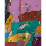 Roger von Gunten, Reina con su isla de peces, 1989, Acrílico sobre tela