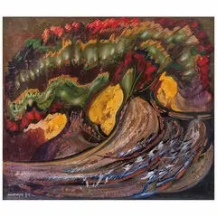 Mario Orozco Rivera, Volcanes floridos, 1974, Óleo sobre madera
