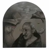 Arturo Rivera, Daniel en la cueva de los leones, de la serie El Rastro del dolor, 1985, Lápiz graso y óleo sobre tela sobre madera