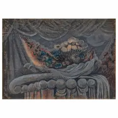 Manuel Serrano, Bodegón fantástico sobre columna, siglo XX, Acuarela y gouache sobre papel