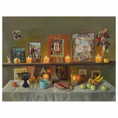 Elena Climent, Altar con fotos y veladoras, 2023, Óleo sobre tela