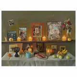 Elena Climent, Altar con fotos y veladoras, 2023, Óleo sobre tela