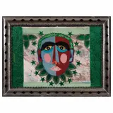 Rodolfo Morales, Untitled, Collage de textiles, papeles, imágenes y aplicaciones de listones sobre papel con marco de hojalata repujado