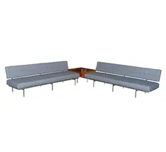 Florence Knoll, Two Sofas and End Table, c. 1954, chromed metal and grey wool fabric