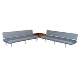 Florence Knoll, Two Sofas and End Table, c. 1954, chromed metal and grey wool fabric