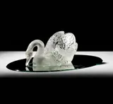 Lalique, Miroir Cygnes Glass Centerpiece, and an oval etched mirror glass plateau