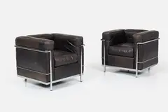 Le Corbusier, Perriand + Jeanneret, 'LC2' Lounge Chairs (2), 1928, / 1990s Chrome-plated metal