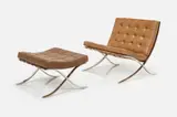'Barcelona' Lounge Chair + Ottoman (2) by Ludwig Mies van der Rohe, 1972, Stainless steel, sold Dec 2024
