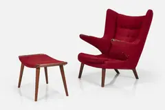 Hans J. Wegner, 'Papa Bear' Chair + Ottoman (2), ca. 1950, Wool upholstery