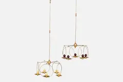 Timo Sarpaneva, + Kaija Aarikka, 'Mobile-Tulitus' Hanging Candelabras (2), 1960s, Brass