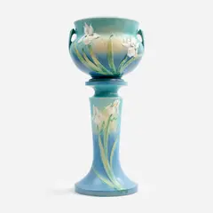 Roseville, Blue Iris Jardiniere and Pedestal (ca. 1930s), ca. 1930s
