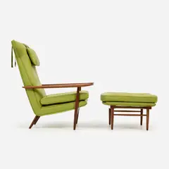 George Nakashima, for Widdicomb "Origins" Wing Chair and Ottoman (1958), 1958, Swedish Elmosoft leather (08017 Light Green) 41" x 31 1/2" x 37" (chair)