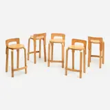 for Artek Set of Five K65 High Stools by Alvar Aalto, 1935, production circa late 20th c, sold Feb 2024