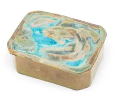 Glossy Iridescent Glaze with Reduction, Covered Box with Koi Fish Motif, Ca. 1940s by Pewabic, Ca. 1940s, sold Sep 2026