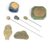 Pewabic, Iridescent Glazed Earthenware Hat Pins and Brooches, Ca. 1930-1950, 7 PCS, Ca. 1930, Includes two iridescent glazed brooches
