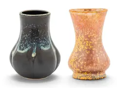 Earthenware Bud Vases by Rookwood Pottery, (1.) One bud vase with subtle iridescent glaze with impressed manufacturer's flame mark, sold Sep 2026
