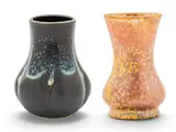 Rookwood Pottery, Earthenware Bud Vases, (1.) One bud vase with subtle iridescent glaze with impressed manufacturer's flame mark