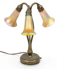 Tiffany Studios, and Bronze Three Light Lily Lamp