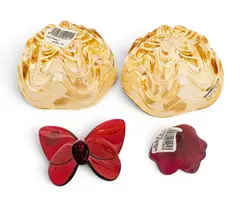 Lalique, Amber Glass Bowls (2), Red Flower &Baccarat Butterfly 4 PCS