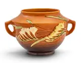 Roseville, Freesia Tangerine Double Handled Rose Bowl, 463-5, Ca. 1950, Ca. 1950