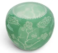 Frederick Carder, for Steuben Glass Works (American, 1863-1963) Acid Cut-Back Celadon Green Jardiniere Circa 1910, Circa 1910