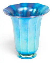 Alexander Joseph von Steuben, Blue Aurene Glass Trumpet Vase, Blue aurene iridescent glass vase having pedestal base rising to paneled body