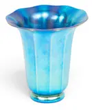 Alexander Joseph von Steuben, Blue Aurene Glass Trumpet Vase, Blue aurene iridescent glass vase having pedestal base rising to paneled body