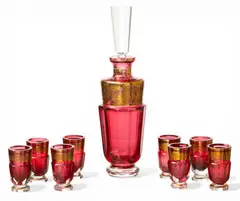 Mary Moser, Vintage Design Crystal and Gold Decanter, 8 Cordial Glasses, Signed 10 PCS