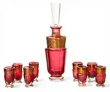 Mary Moser, Vintage Design Crystal and Gold Decanter, 8 Cordial Glasses, Signed 10 PCS