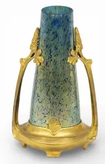 Loetz, Art Nouveau Papillion Glass Vase, Ca. 1900, Depth 5.5, Ca. 1900, Cobalt iridescent tapering glass vase with floral bronze stand