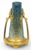 Loetz, Art Nouveau Papillion Glass Vase, Ca. 1900, Depth 5.5, Ca. 1900, Cobalt iridescent tapering glass vase with floral bronze stand