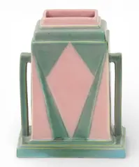 Roseville, Art Deco Futura 1928, 'Jukebox Vase', Depth 4, 1928, Pink and green glaze featuring rectangular double handled form and stepped neck