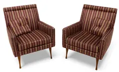 for Widdicomb Symmetric Group Pair of Lounge Chairs Depth 30 2 PCS by Paul McCobb, Custom striped upholstery by Gene Kraft & Sons, sold Jan 2026