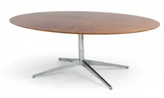 Florence Knoll, Model 2480 Mid-Century Modern Rosewood and Chrome Oval Table Desk, Ca. 1954-1960, Ca. 1954, Book-matched Brazilian rosewood veneer with thin