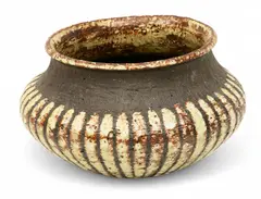 Gutte Eriksen, Ceramic Vase, Ca. 1947, Ca. 1947, Wheel turned having unglazed band over strips of yellow glaze with holes and roughness