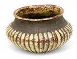 Gutte Eriksen, Ceramic Vase, Ca. 1947, Ca. 1947, Wheel turned having unglazed band over strips of yellow glaze with holes and roughness