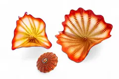 Dale Chihuly, Blown Glass 'Red Seaform Set with Blue Lip Wrap' 3 PCS