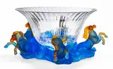 Daum, Pate De Verre Blue Chevaux De Marly Centerpiece Bowl