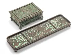 'Pine Needle' Etched Metal & Favrile Glass Box & Pen Tray, Early 20th C. 2 PCS by Tiffany Studios, sold Jun 2025