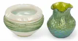 Diaspora Glass Vase & Kralik (Austrian) Mother-of-pearl Iridescent Glass with Green Threading Bowl, Ca. 1900 by Loetz, Ca. 1900, sold Apr 2025
