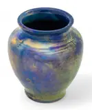 Pewabic, Blue Iridescent Glaze Vase + Thomas Brunk Provenance Card