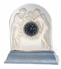 'Deux Figurines' Molded & Frosted Glass Mantel Clock, 1928 by René Lalique, 1928, sold Feb 2025