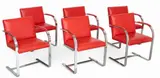 BRNO Armchairs, Red Vinyl And Chrome, Set of 6, Depth 18 by Ludwig Mies van der Rohe, The cantilevered design offers a chromed steel frame and red vinyl upholstered back rests, sold Jan 2025