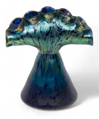 Loetz, Cobalt Papillon Tulip Vase, 1898, Depth 4.75", 1898, The cobalt blue glass form offers a marver of silver-yellow 'oil-spot' granules
