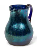 Loetz, Cobalt Papillon Glass Pitcher, 1898, Depth 6.5", 1898, The cobalt glass offers a marver of silver-yellow 'oil spot' granules