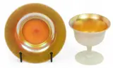 Frederick Carder, Era, Steuben (American) Gold Aurene on Calcite Glass Compote & Under Plate, Ca. 1903-1933, 2 pcs